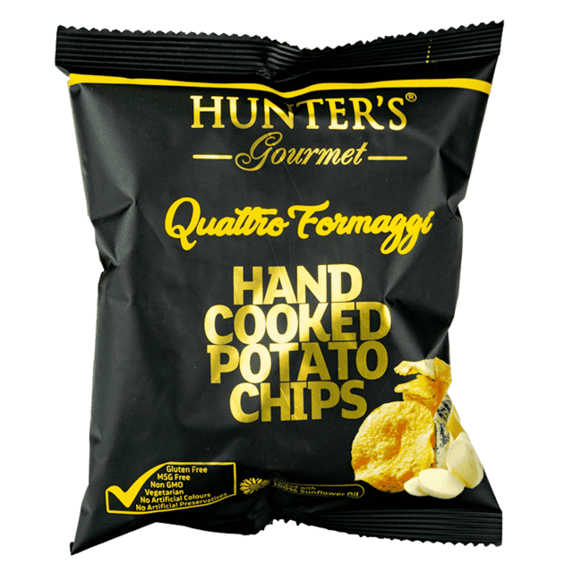 Håndkogte kartoffelchips med Quattro Formaggi 25 gram pose
